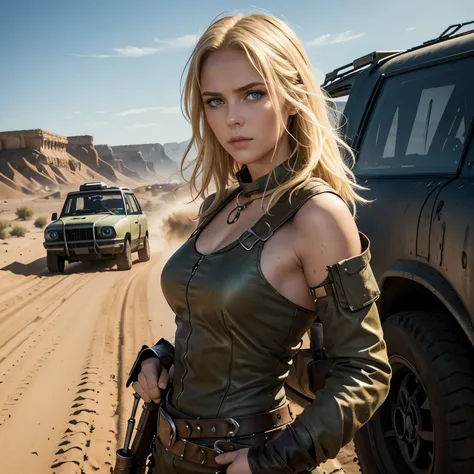 Lara Bauer im Mad Max-Stil, she is a 22-year-old woman, She has beautiful shoulder-length blonde hair, (yellow-brown blonde hair), (blonde tiny eyebrows), bright grey green eyes with great Details, glattes haar, (angular face: 1.3), (long face: 1.4), beaut...