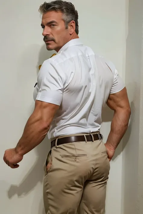 age 60, white man police detective with a mature, backside, kind demeanor, strong and muscular yet chubby build, mustache, wearing dress pants and a buttoned-open translucent shirt that reveals a hairy chest and a noticeable bulge, wearing detective badge ...