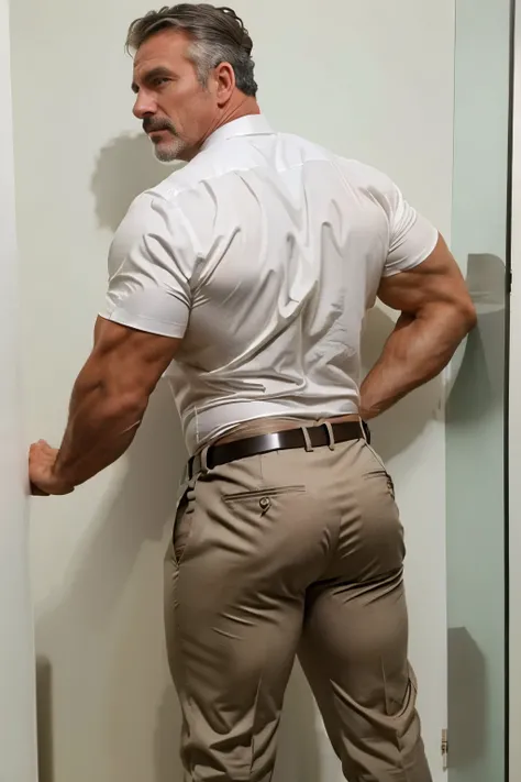 age 60, white man police detective with a mature, backside, kind demeanor, strong and muscular yet chubby build, mustache, wearing dress pants and a buttoned-open translucent shirt that reveals a hairy chest and a noticeable bulge, wearing detective badge ...