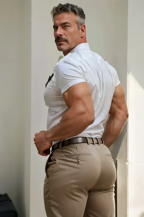 age 60, white man police detective with a mature, backside, kind demeanor, strong and muscular yet chubby build, mustache, weari...