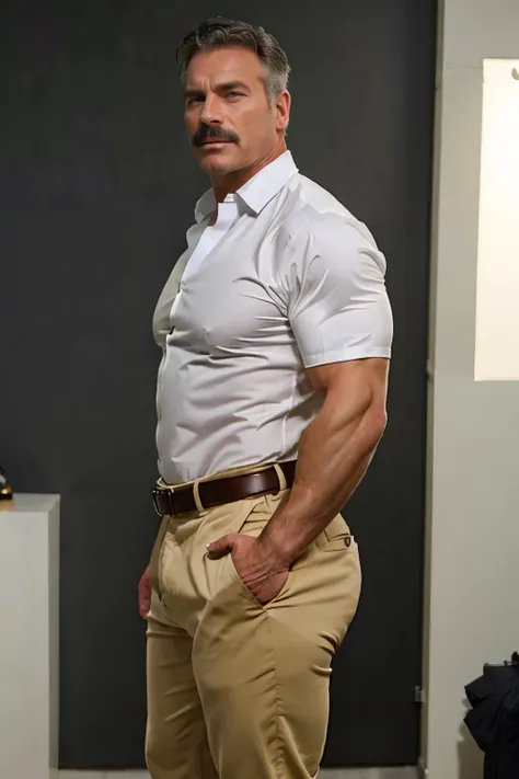 age 60, white man police detective with a mature, backside, kind demeanor, strong and muscular yet chubby build, mustache, wearing dress pants and a buttoned-open translucent shirt that reveals a hairy chest and a noticeable bulge, wearing detective badge ...