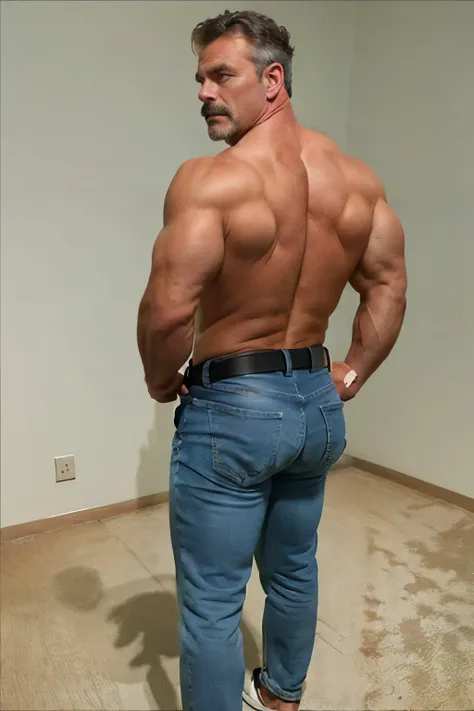 age 60, white man police detective with a mature, backside, kind demeanor, strong and muscular yet chubby build, mustache, wearing dress pants and a buttoned-open translucent shirt that reveals a hairy chest and a noticeable bulge, wearing detective badge ...
