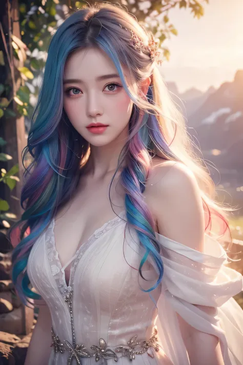 a girl，rainbow colored hair，Romanticized nature，curls，A dreamlike realm，light white and light red，Very good atmosphere，exquisite，CG rendering，Detailed rendering