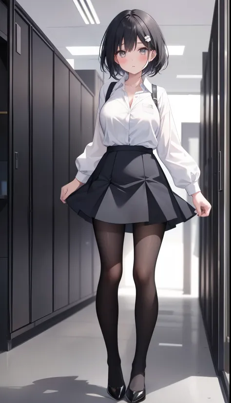 One Girl、positive、Standing posture、Full body portrait、Black Hair、Medium Haircut、blush、Absolute area、Black knee-high socks、Knee-length、stockings、Black Pantyhose、White underwear、Light blue shirt、Blue-gray business suit、Grey tight super mini skirt、Japanese of...