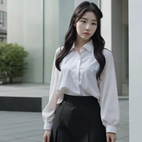 arafed woman with long black hair and a white shirt, she has a distant expression, iu lee ji-eun as a super villain, but a stern...