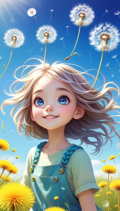 1 girl(charming, Kawaii,,Shiny hair,Braided Hair,Messy hair,Dandelion Hair Accessories,Eye Color Universe,big eyes,Dynamic Angle:1.4,whole body,Dynamic poses,Delicate face,Vibrant colors,Blowing dandelion seeds,Smile),