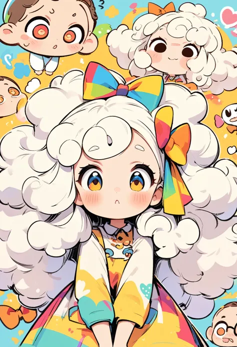 Hand-drawn style：1 Cute ，big eyes，Colorful doodle of fluffy curly hair，Oversized hair bow，Cute expressions