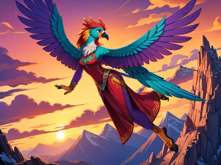 side view, bright colors, fantasy style art, beautiful anthropomorphic female bird, mature and young, tall character, 5 feet 11 ...