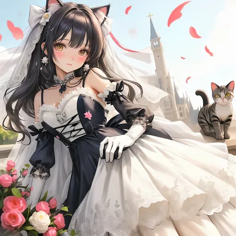 cat with ribbon、cami dress、dress、race、wedding gloves、princess、sun、outside