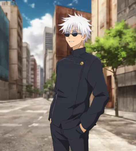 gojou satoru, 1boy, in a city , jacket, upper body, male focus, black jacket, sunglasses, high collar, round eyewear, gakuran, smile,full body shot,