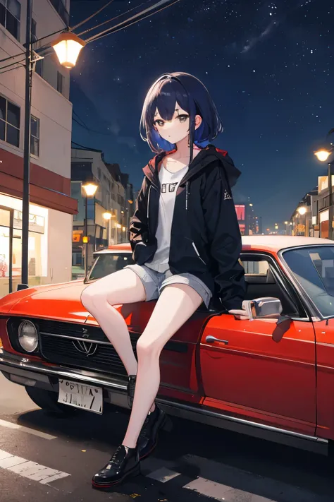 Girl sitting on the hood of a car, noite, ruas, lamp post