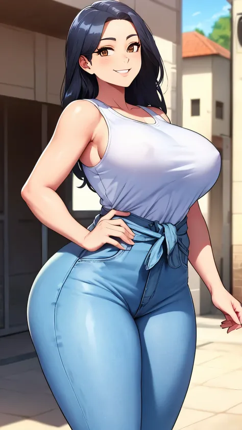 8K, high quality, animation, married woman, fair skin, beautiful, neat, bright, emphasis on eyes, beautiful line drawing. Black Hair, White Skin, Brown Eyes, Smiling, Blue Sky Background, (Thighs), 1girl, (Ass), (Wide Hips), Denim Pants, Big Tits, Long Hai...