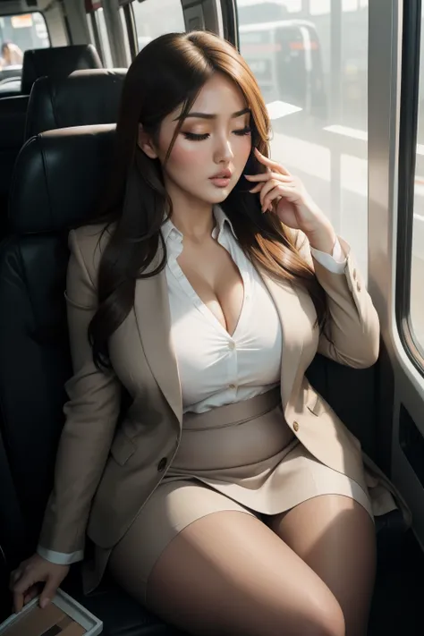 1 beautiful woman, Lucy Pinder, Asian woman, voluptuous woman, brown hair, long hair, ((very intense makeup)),((eyelids outlined with makeup)), white blouse, gray blazer, gray skirt, pantyhose, sleeping sitting on the bus, ((mouth wide open)), eyes closed,...