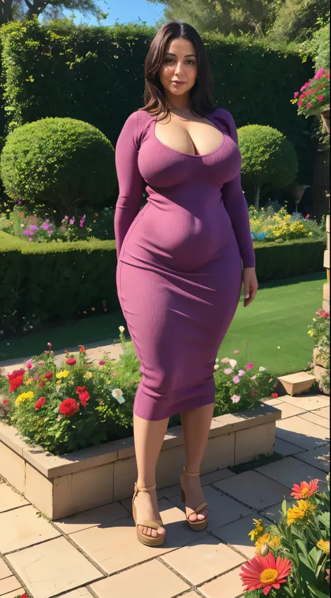 40 age Arabic Woman in garden, curvy body, very detail ,wide hips, loong legs ,thick high, full body in camera, wearing strap wedges, wearing sweater dress, big tits