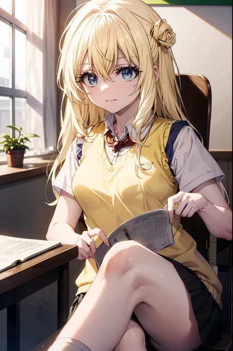 Priestessess, Priestessess, Blonde, blue eyes, Long Hair, Hair between the eyes, (Small breasts:1.2), smile,white yシャツ, Short sleeve, Pleated skirt,  Collared shirt, mini skirt, White knee socks, (Black Skirt:1.5), Sweater vest, (yellow Sweater vest:1.5),B...