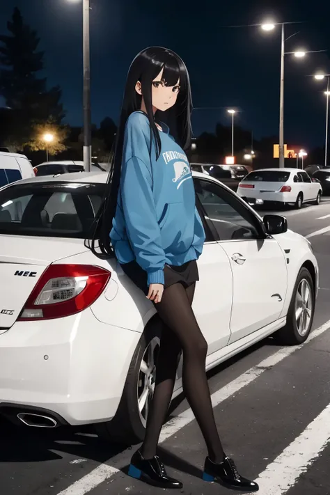 girl, blue sweatshirt, pantyhose, on the side of a white car, black shoes, long hair, black hair, night, light poles