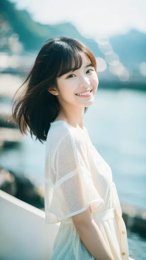 Cinematic Photo of a beautiful Korean fashion model bokeh sea smiling at viewer