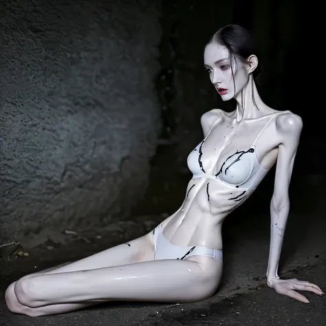 a woman, very thin body, body visible bones, very slender, sweaty wet body, pale white skin, panties, bra,tatto, full body, has a mental breakdown in an underground prison, 