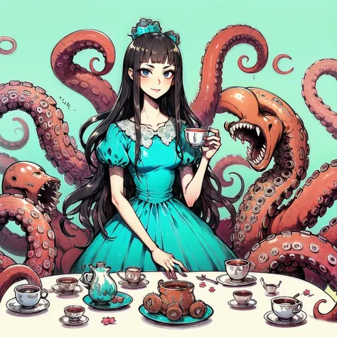 a girl with tentacles. dress. tea party. tentacles have mouths.