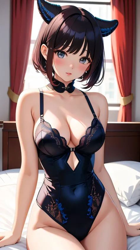 best quality, 1girl, masterpiece ultra detailed, illustration, yang guifei, glossy lips, blush, lingerie, short hair, collarbone, bedroom