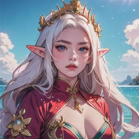 there is a mermaid with long hair and a crown on her head, portrait of mermaid warrior, the dragon girl portrait, beautiful and elegant elf queen, elf queen, mystical atlantean valkyrie, beautiful female gorgon,anime girl with long hair and red belt posing...