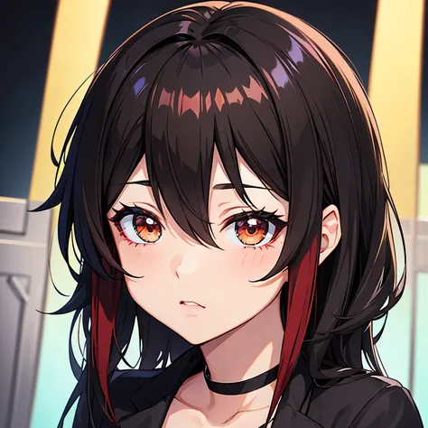 Estilo my Hero Academia 
Cabello largo lacio color negro con mechas rojas, dark brown eyes , color de piel un poco morena,pecho copa c ,femenino,labios un poco rojos 