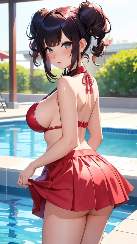 best quality, 1girl, masterpiece ultra detailed, illustration, yang guifei, glossy lips, blush, lips parted, short hair, twintails, standing, from behind, (bikini with microskirt), pool