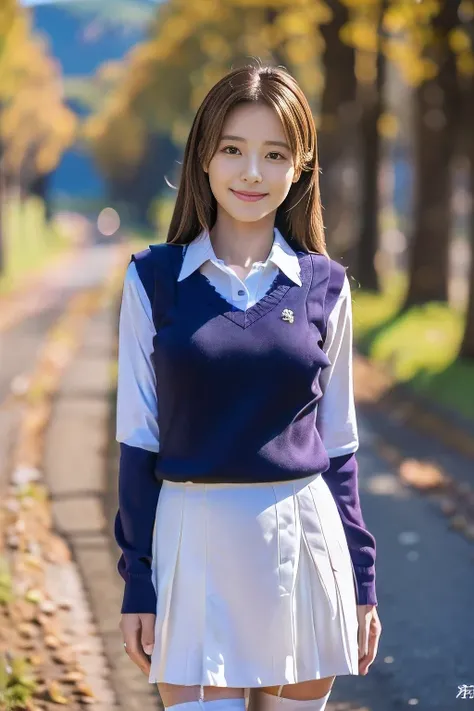 (highest quality、Tabletop、8k、Best image quality、Award-winning works)、1. Beautiful 、(Polyester collared long sleeve shirt:1.1)、(Red ribbon on the chest:1.1)、(Navy Pleated Skirt:1.1)、(Standing Elegantly:1.1)、(Full body photo from head to foot:1.5)、(Long legs...