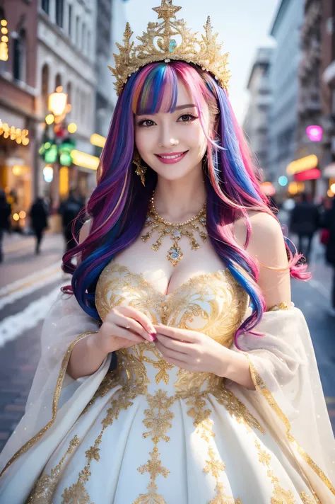 (highest quality、Tabletop、8k、Best image quality、Award-winning works)、One woman、Gal princess、(Colorful rainbow hair:1.1)、(Rainbow Hair:1.1)、Christmas decorated cityscape background、Christmas tree in the background、Christmas gifts on background、(Gorgeous whi...