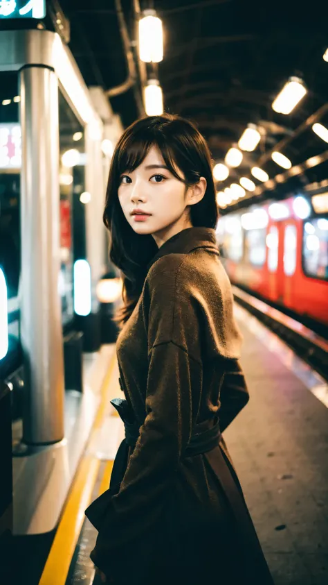 Cinematic Photo of a beautiful korean fashion model bokeh train