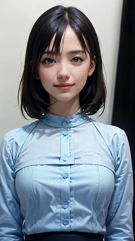 "(highest quality,8k,High resolution,masterpiece:1.2),Very detailed,(Realistic,photoRealistic,photo-Realistic:1.37),(Realistic:1.37),One beautiful woman、short hair,Deep black eyes,21 years old,Light Brown Hair,Blue clothes,Blue uniform,Moderate:Oil,Portrai...