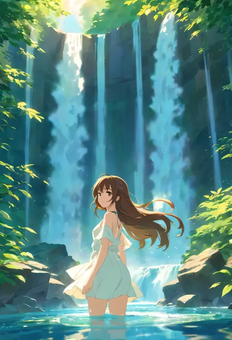 Sexy beauty，Beautiful Japanese features，Waterfall Pool Background，Sunlight shines through the green leaves、The costume is a white dress、Brown long hair、Looking up to the sky、A faint smile