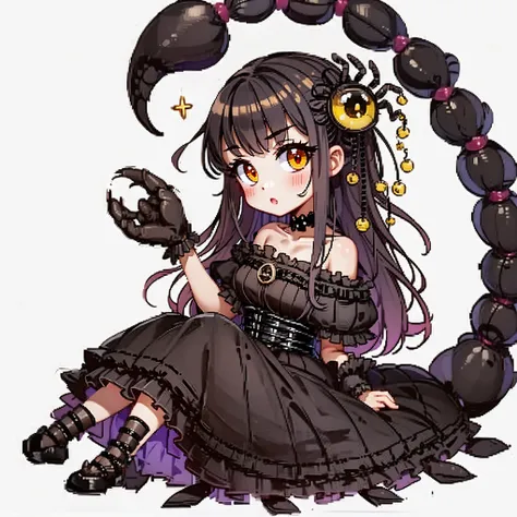 a girl with a scorpion tail. she's wearing a gothic dress. her one hand becomes a scorpion's claw. she has yellow eyes hair orna...