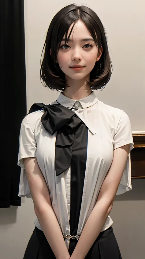 "(highest quality,8k,High resolution,masterpiece:1.2),Very detailed,(Realistic,photoRealistic,photo-Realistic:1.37),(Realistic:1.37),One beautiful woman、short hair,Deep black eyes,21 years old,Light Brown Hair,pastel colouの服,Pastel Colou uniform,Moderate:O...