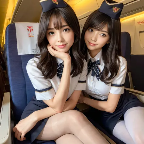 (best quality, masterpiece:1.5), (ultra-detailed, realistic:1.37),4K,(4girls:1.5),japanese,cute,beautiful legs,perfect face, perfect arms, perfect legs,perfect fingers,(stewardess:1.3),(black pantyhose:1.2),smile