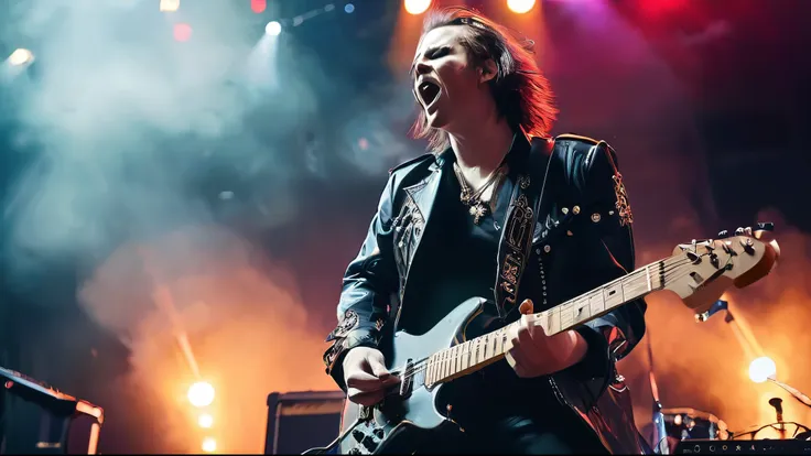 (best quality,4k,highres,masterpiece:1.2)Metal rockstar on stage jamming,shredding guitar solos,energetic crowd,pyrotechnics,smoke machine,blazing lights,headbanging,layered distortion,thunderous bass,explosive drum beats,electric energy,hypnotizing stage ...