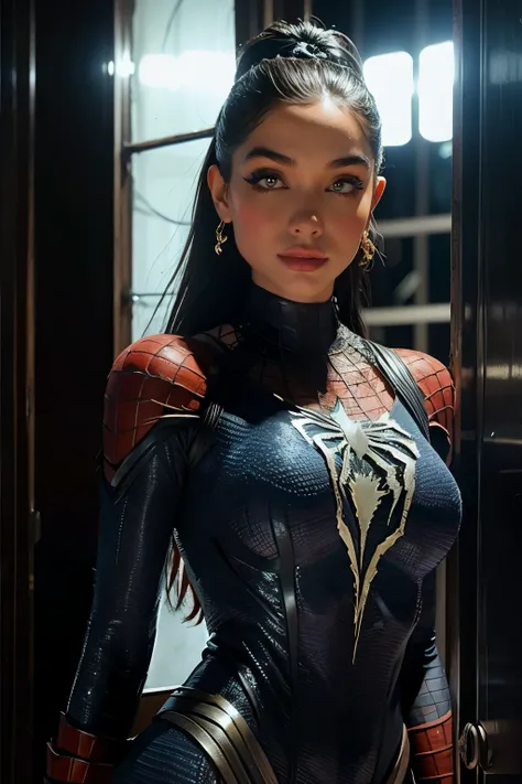 Maria becerra  vestida de spiderman. En un edificio muy alto, 8k
