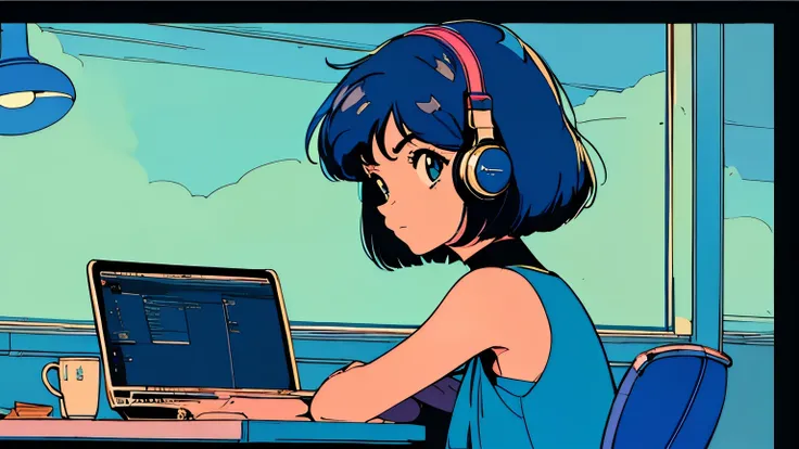 City pop style art, Shoulder-length blue hair, Bobcut, Wearing headphones, Futuristic yet lo-fi, Retro, Vintage, Ghost,masterpiece, (( Side Shot)), Sit at a desk and concentrate on studying, Laptop and coffee on the desk, (( Midnight )), (( Looking down ))