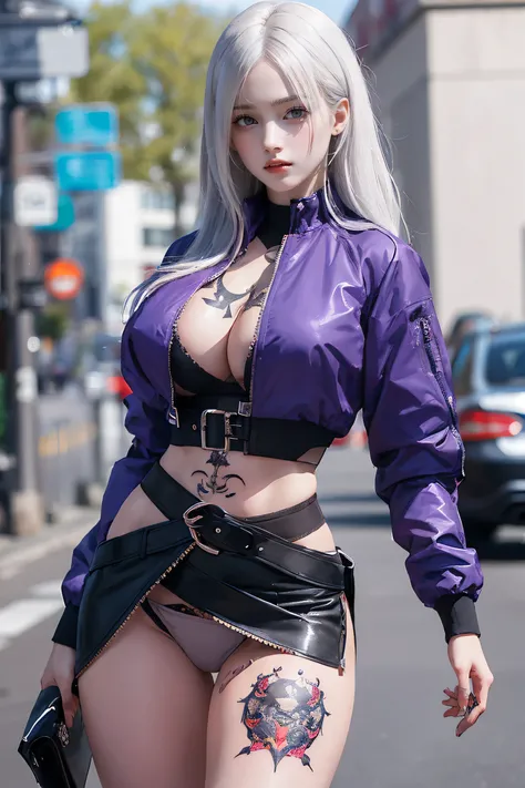 One Girl, Gray Hair, Long Hair, Techwear masterpiece, highest quality, Realistic, Dark purple jacket, Portraiture, fine grain,  Platinum Hair, 21 year old girl, Fashion pose, Half Body, Wide Shot, on the road, cyber punk,(((He has many tattoos all over his...