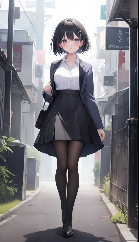 one girl、positive、standing posture、full body portrait、black hair、medium haircut、blush、absolute area、black knee-high socks、knee-l...