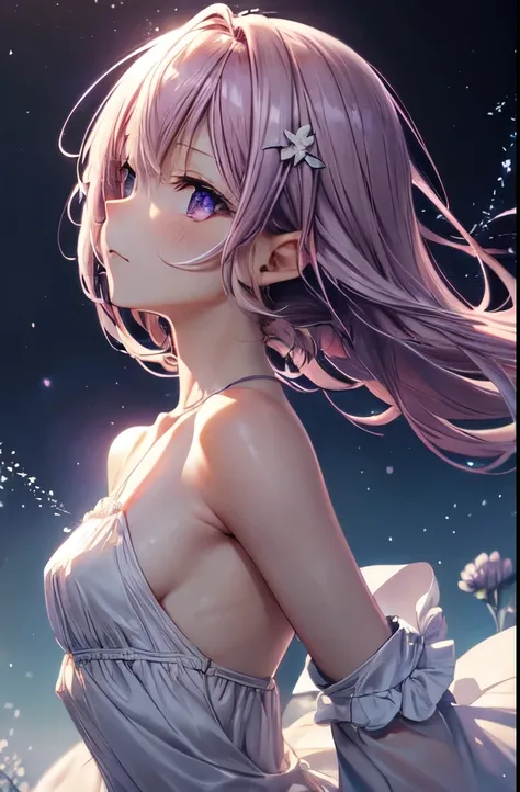 Short lilac hair and lilac eyes,Nique，Beautiful as a fairy,Small breasts,White Dress，A melancholic look that stirs affection,profile,Floating Hair,Particles of light,Vivid,Fancy,dream-like,Dim atomic space,(Adult women)(Mayo Shono)、Brown hair long hair、Lon...