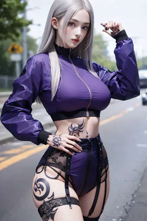 One Girl, Gray Hair, Long Hair, Techwear masterpiece, highest quality, Realistic, Dark purple jacket, Portraiture, fine grain,  Platinum Hair, 21 year old girl, Fashion pose, Half Body, Wide Shot, on the road, cyber punk,(((He has many tattoos all over his...