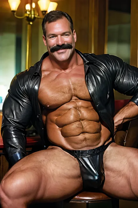 age 60, white man police detective with a mature, kind demeanor, strong and muscular yet chubby build, mustache, wearing a buttoned-open police uniform shirt(leather), police uniform shirt(nypd) , hairy chest, giving off a hint of a horny yet disgusting au...