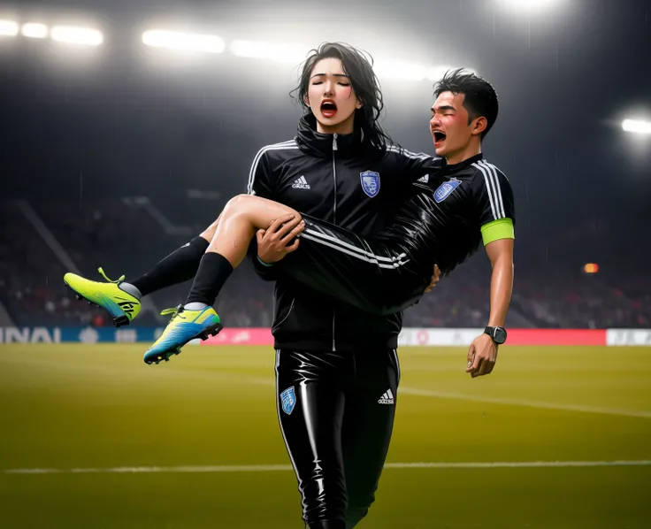 a shouting chinese womanl in a laquered and very shiny quilted coat carries a man, a chinese woman carries a male soccer player, a chinese woman carries a male soccer player in her arms, rainy weather, rainfall, humid, girl carries guy, lift and carry, an ...