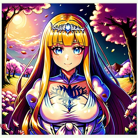 A remarkably beautiful young woman, illustrated by Hidenori Matsubara, surrounded by a vibrant fantasy landscape, with cherry blossom petals falling around her, illuminated by a warm and inviting sunset, featuring detailed and stylized character designs, s...