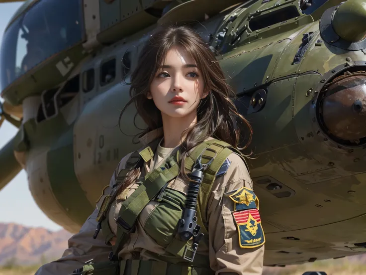 A beautiful female soldier resting in front of a large helicopter