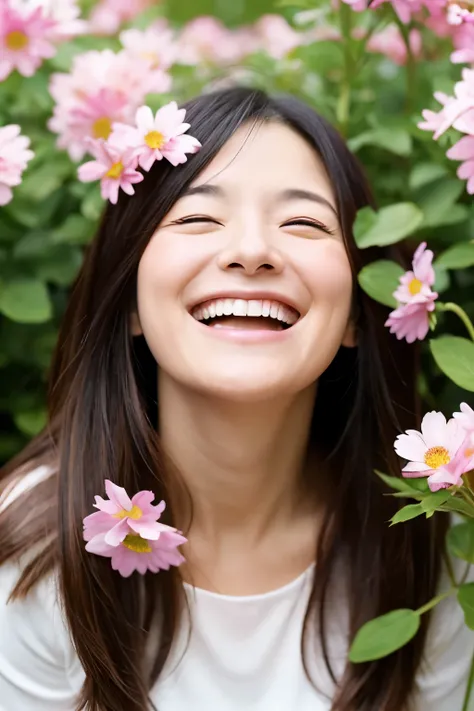 40-year-old woman　Profile of a smiling face with mouth open　There are lots of flowers in the background