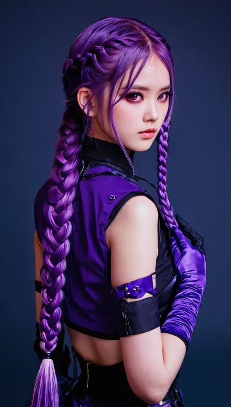 1 girl，solo，beautiful， yinji , anatomical correct:2, twin braids, purple hair，hair ornament, gloves, ahoge，low-tied very long ha...