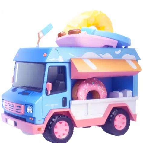 a close up of a toy truck with a donut on the front, Red Cliff, truck, wooden, vehicle, ice! cream! truck!, Paper, vanilla, Handheld, Medium Polyester, Box, pleasure, no blurs, :3, 2 d cg, Child, Paper板, Paper craft low poly, Little cute, thing, food, rain...