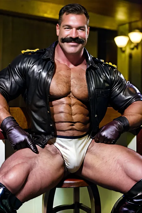 age 60, white man police detective with a mature, kind demeanor, strong and muscular yet chubby build, mustache, wearing a buttoned-open police uniform shirt(leather), police uniform shirt(nypd) , hairy chest, giving off a hint of a horny yet disgusting au...